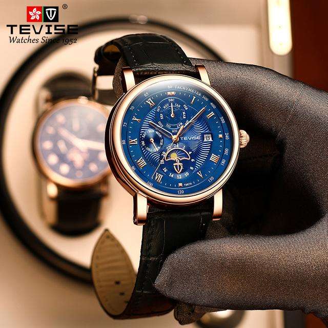 TEVISE ® Men`s Namura Classic Automatic Moonphase Rose Gold/Blue Watch BRAND NEW