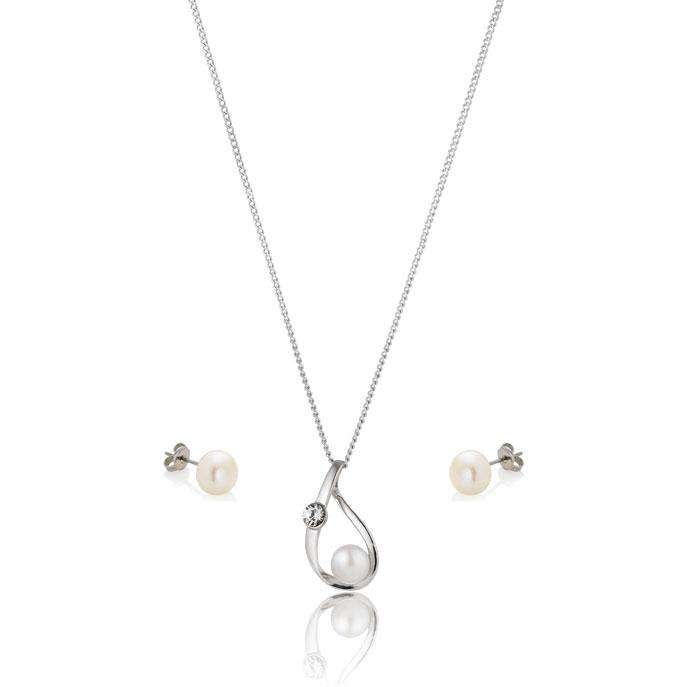rrp R2650 LONDON JEWELLERS Freshwater Pearl Pendant + Chain + Pearl Stud w/ Crystals from Swarovski®