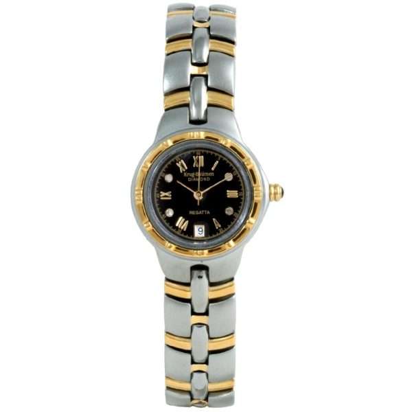 MUST SEE!! Krug Baumen Women`s Regatta 4X Genuine Diamond Black Dial Two Tone Watch BRAND NEW