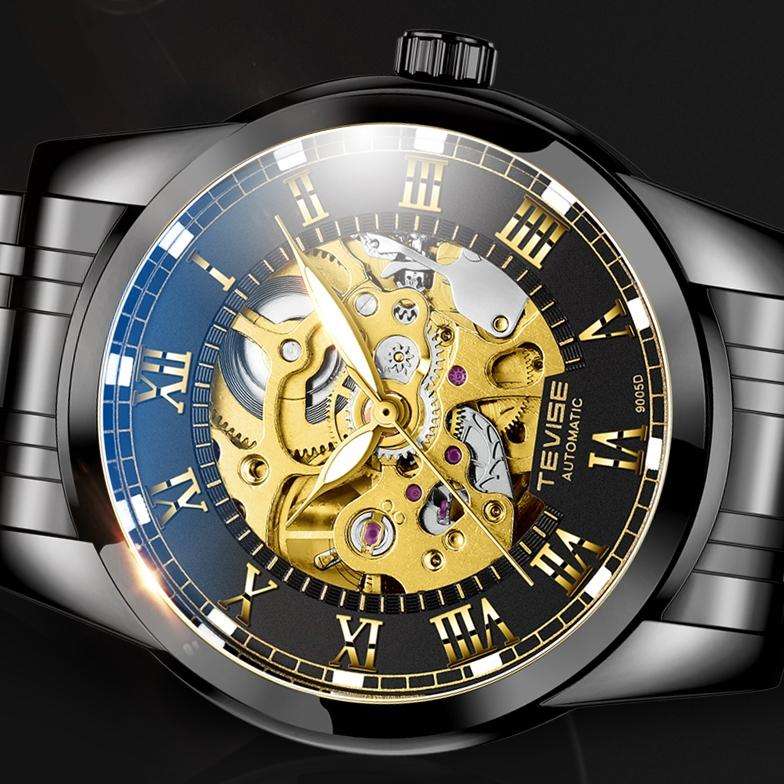 Retail: R1,999.00 TEVISE ® Men`s Skeleton Classic Ionic Black / Gold Watch BRAND NEW