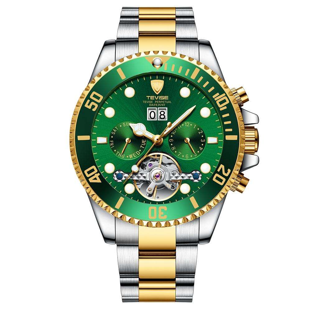 Retail: R2,599.00 TEVISE ® Men`s Perpetual FLYWHEEL Automatic Two Tone Green Watch BRAND NEW