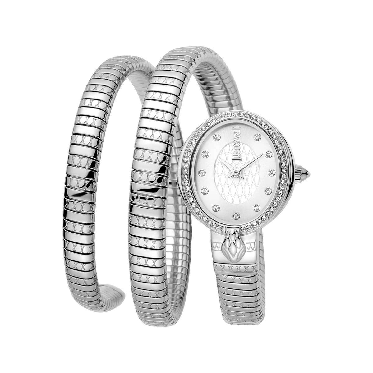 wow! rrp R8,900.00 ROBERO CAVALLI Womens JUST CAVALLI Bangle Viper Double Twist Silver Watch NEW