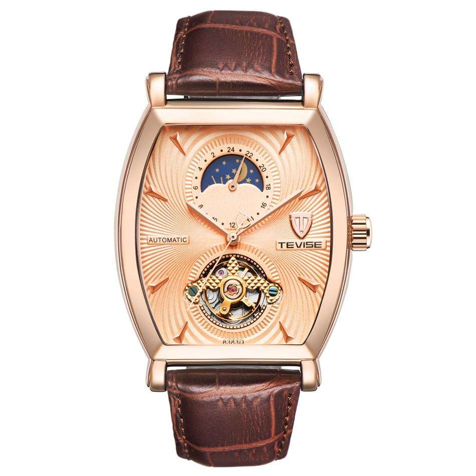 Retail: R2,899.00 TEVISE ® Men`s Tonneux Barista Moonphase Automatic  Leather Watch BRAND NEW