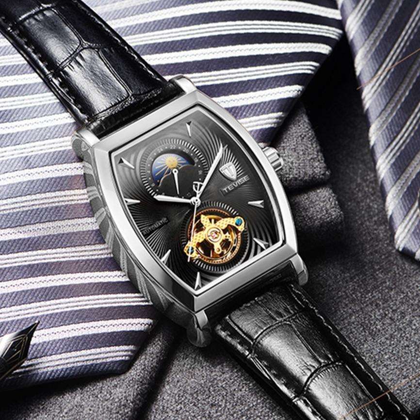 Retail: R2,899.00 TEVISE ® Men`s Tonneux Barista Moonphase Automatic Silver/Black Watch BRAND NEW