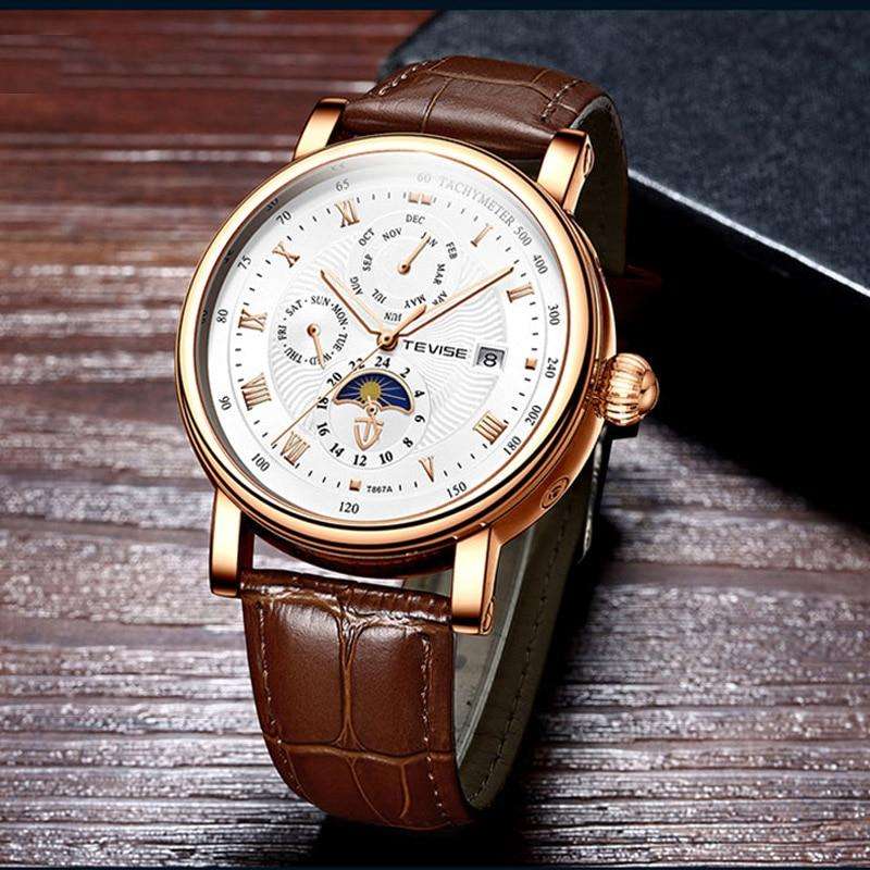 Retail: R2,599.00 TEVISE ® Men`s Namura Classic Automatic Moonphase Rose Gold/White Watch BRAND NEW