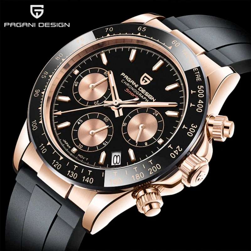 Retail: R4,900.00 PAGANI DESIGN Daytona Rose Gold/Black Chronograph Men`s 100M Watch 40MM NEW!!