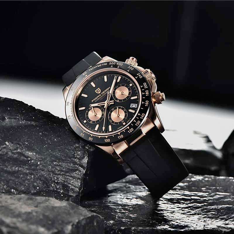 Retail: R4,900.00 PAGANI DESIGN Daytona Rose Gold/Black Chronograph Men`s 100M Watch 40MM NEW!!