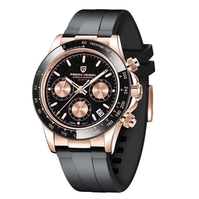 Retail: R4,900.00 PAGANI DESIGN Daytona Rose Gold/Black Chronograph Men`s 100M Watch 40MM NEW!!