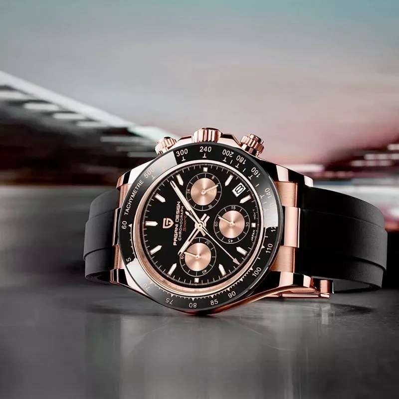 Retail: R4,900.00 PAGANI DESIGN Daytona Rose Gold/Black Chronograph Men`s 100M Watch 40MM NEW!!