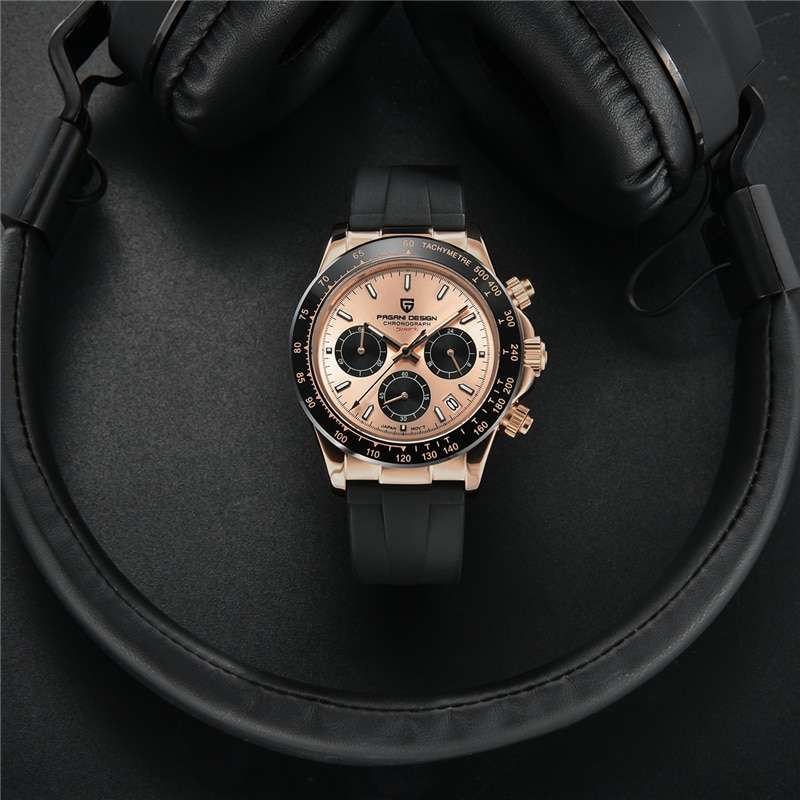 Retail: R4,900.00 PAGANI DESIGN Daytona Rose Gold/Black Chronograph Men`s 100M Watch 40MM NEW!!