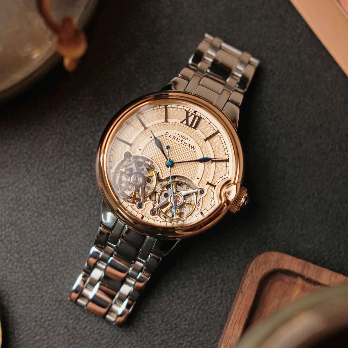 ***must see*** rrp: R11,500.00 THOMAS EARNSHAW AUTOMATIC DOUBLE BARREL OPEN HEART Deep Salmon Watch