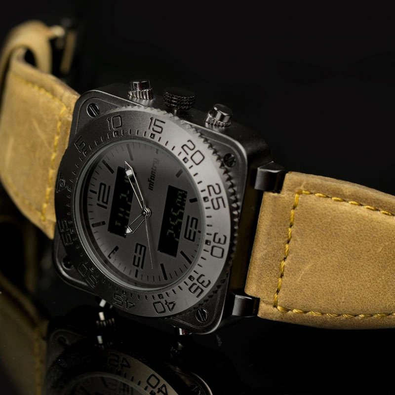 INFANTRY MILITARY CO. Men`s Tank ACU 47mm BIG Dual Time Watch BLACK / BROWN NEW