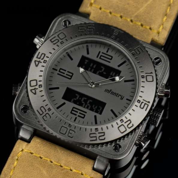 INFANTRY MILITARY CO. Men`s Tank ACU 47mm BIG Dual Time Watch BLACK / BROWN NEW