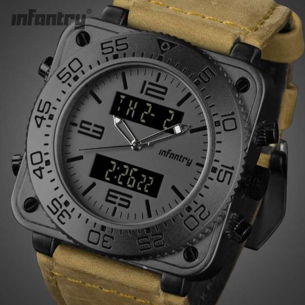 INFANTRY MILITARY CO. Men`s Tank ACU 47mm BIG Dual Time Watch BLACK / BROWN NEW