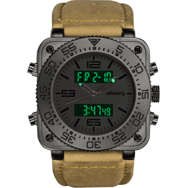 INFANTRY MILITARY CO. Men`s Tank ACU 47mm BIG Dual Time Watch BLACK / BROWN NEW