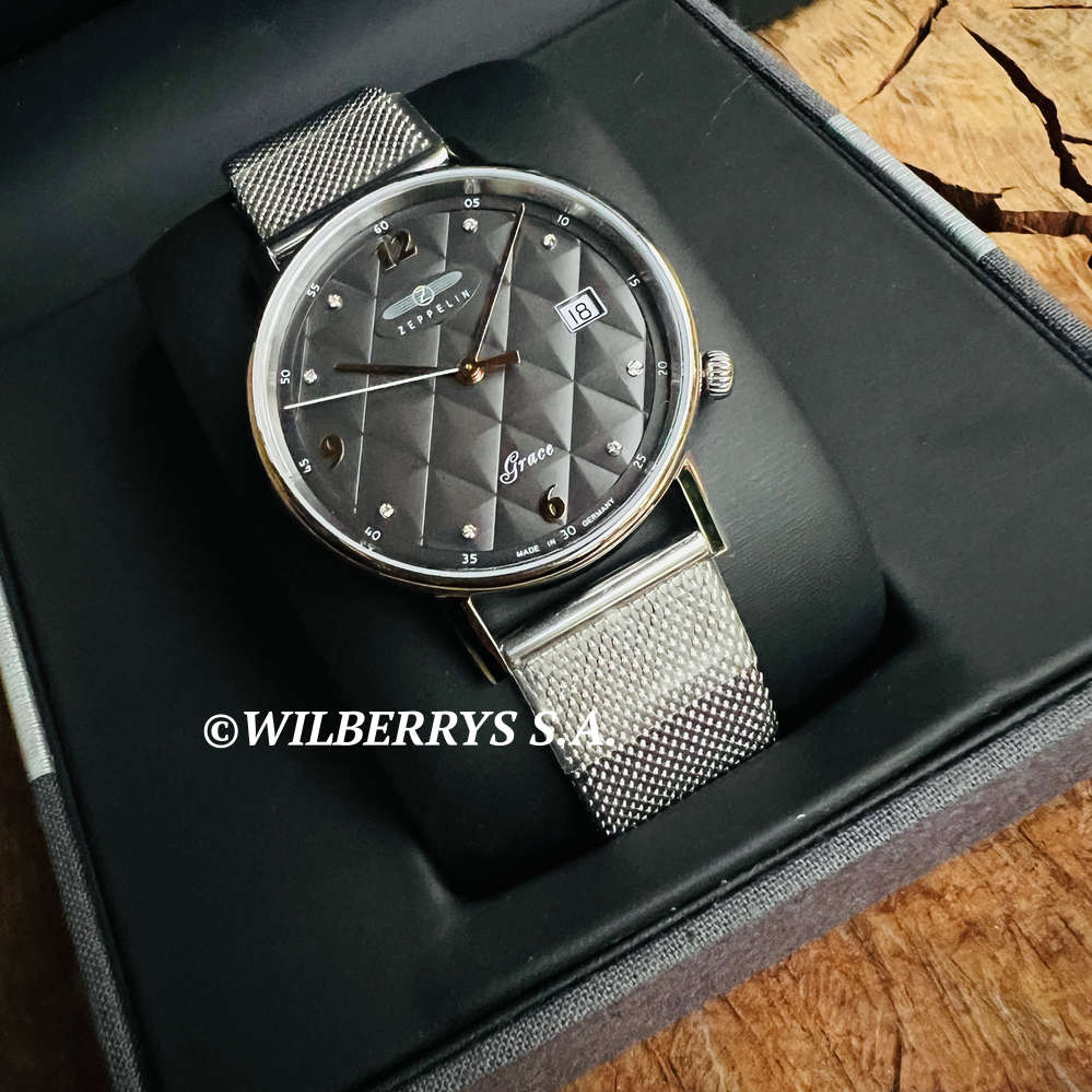 wow rrp R8,000.00 ZEPPELIN Germany Women`s Grace SWAROVSKI Tufted Milanese Anthracite Date Watch