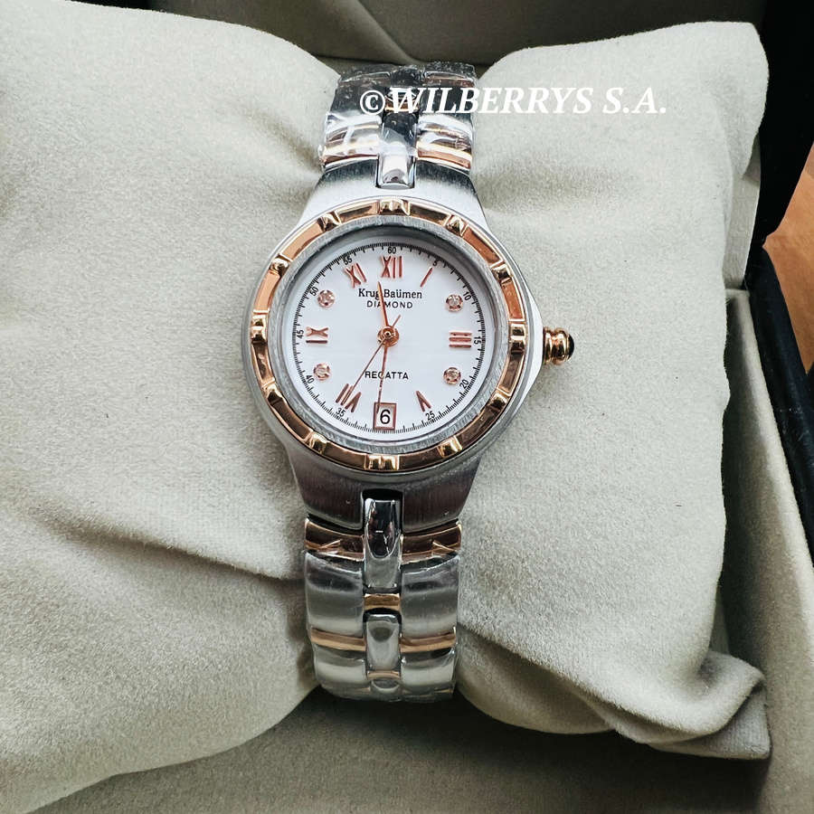 NEW RRP R8600.00 Krug Baumen LADIES ROSE GOLD Regatta 4X Genuine Diamond White Dial Watch NEW
