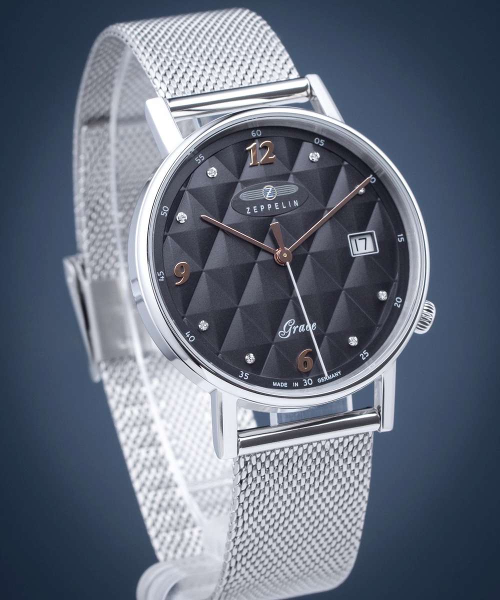 wow rrp R8,000.00 ZEPPELIN Germany Womens Grace SWAROVSKI Tufted Milanese Anthracite Date Watch