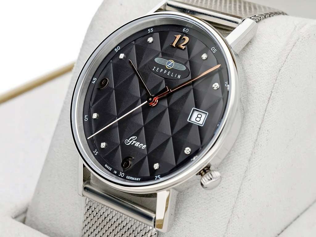 wow rrp R8,000.00 ZEPPELIN Germany Women`s Grace SWAROVSKI Tufted Milanese Anthracite Date Watch