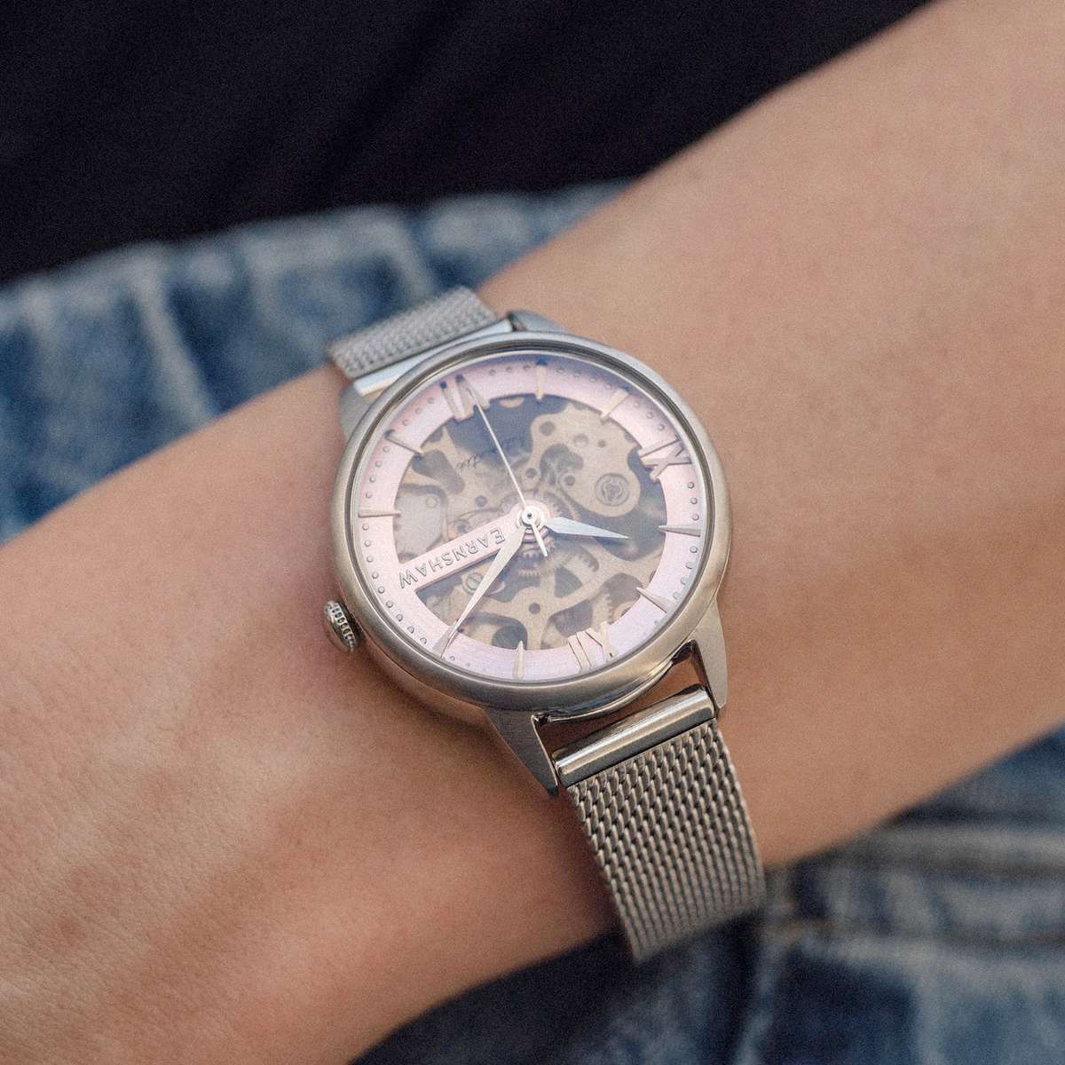 ***lOOk*** rrp: R6,500.00 THOMAS EARNSHAW Women`s AUTOMATIC Skeleton Warm Pink Silver Milanese Watch