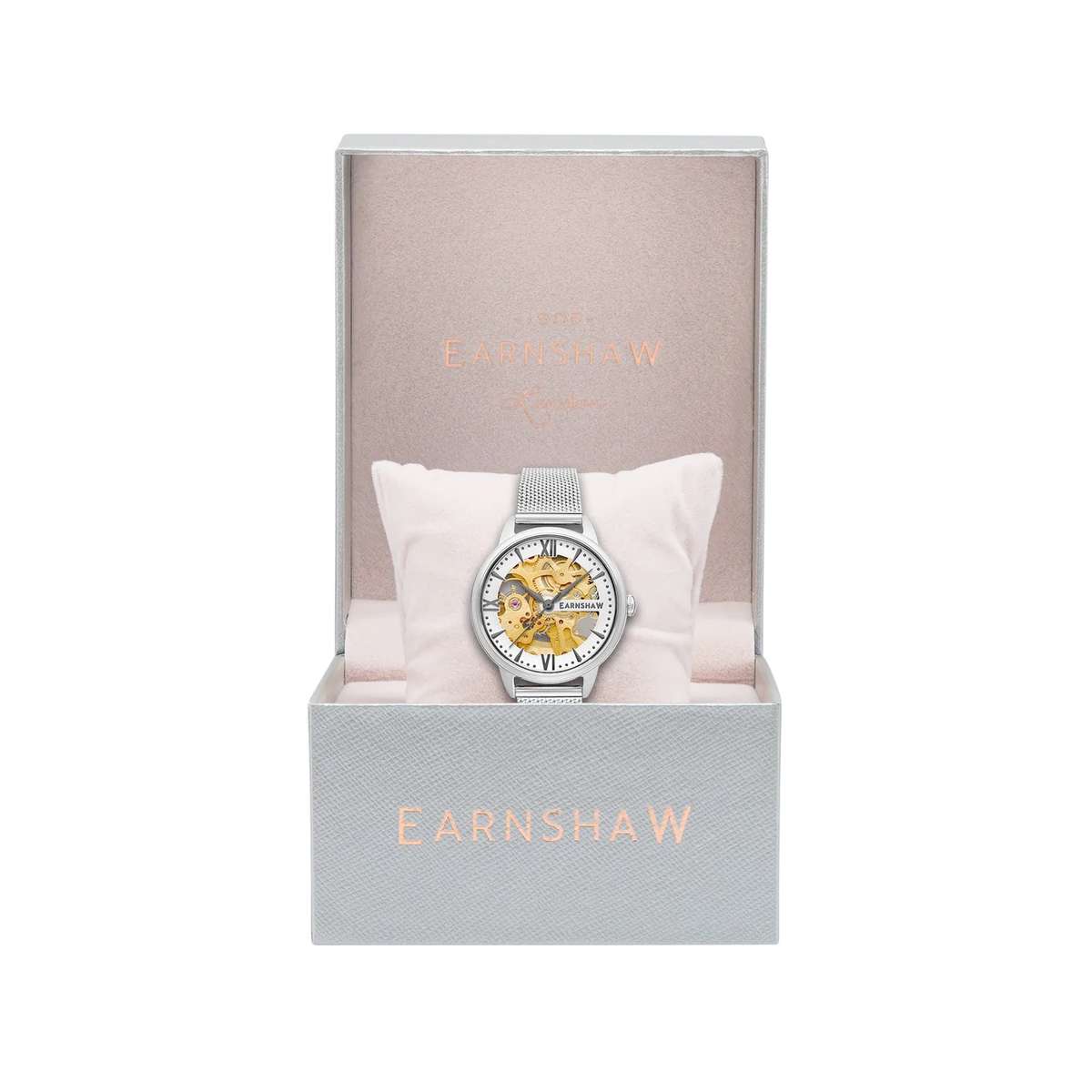 ***lOOk*** rrp: R6,500.00 THOMAS EARNSHAW Women`s AUTOMATIC Skeleton Warm Pink Silver Milanese Watch