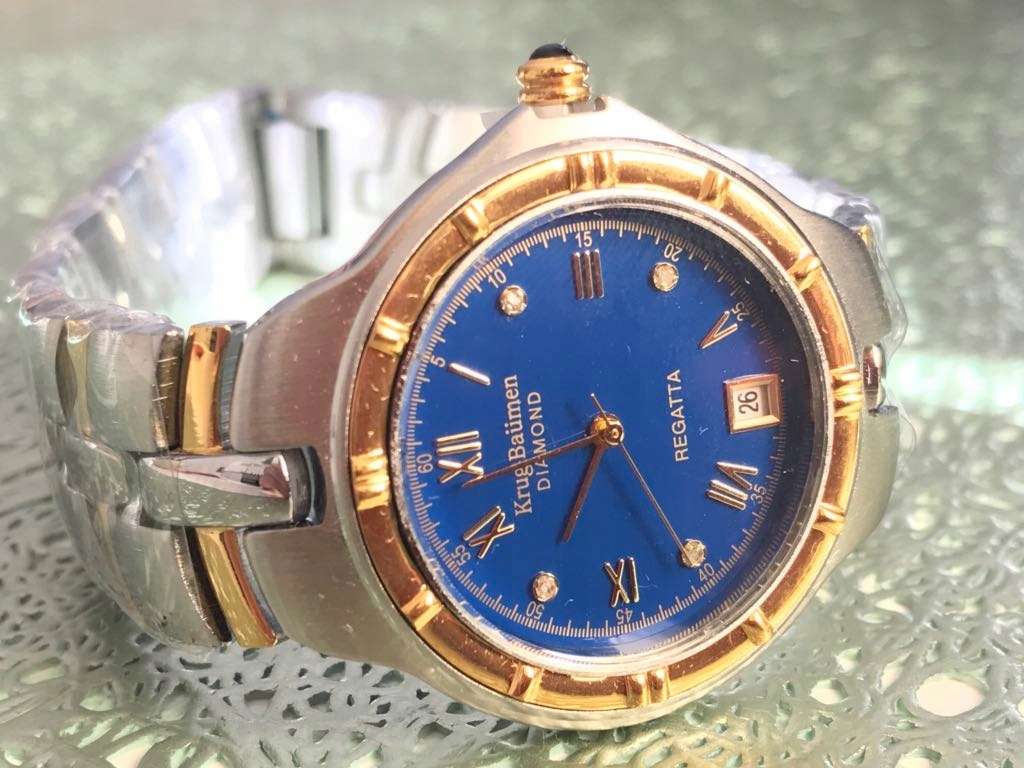 MUST SEE!! Krug Baumen Men`s Regatta 4X Genuine Diamond White Dial Two Tone Watch BRAND NEW