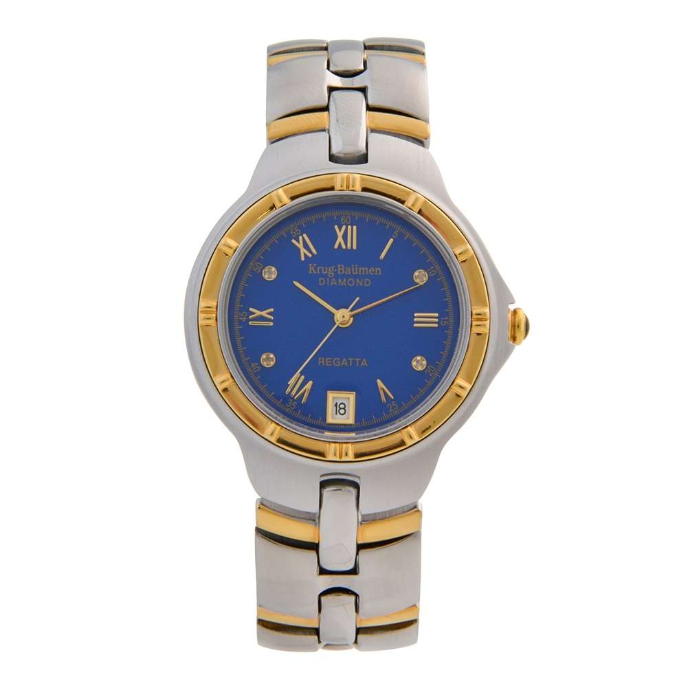 MUST SEE!! Krug Baumen Men`s Regatta 4X Genuine Diamond White Dial Two Tone Watch BRAND NEW