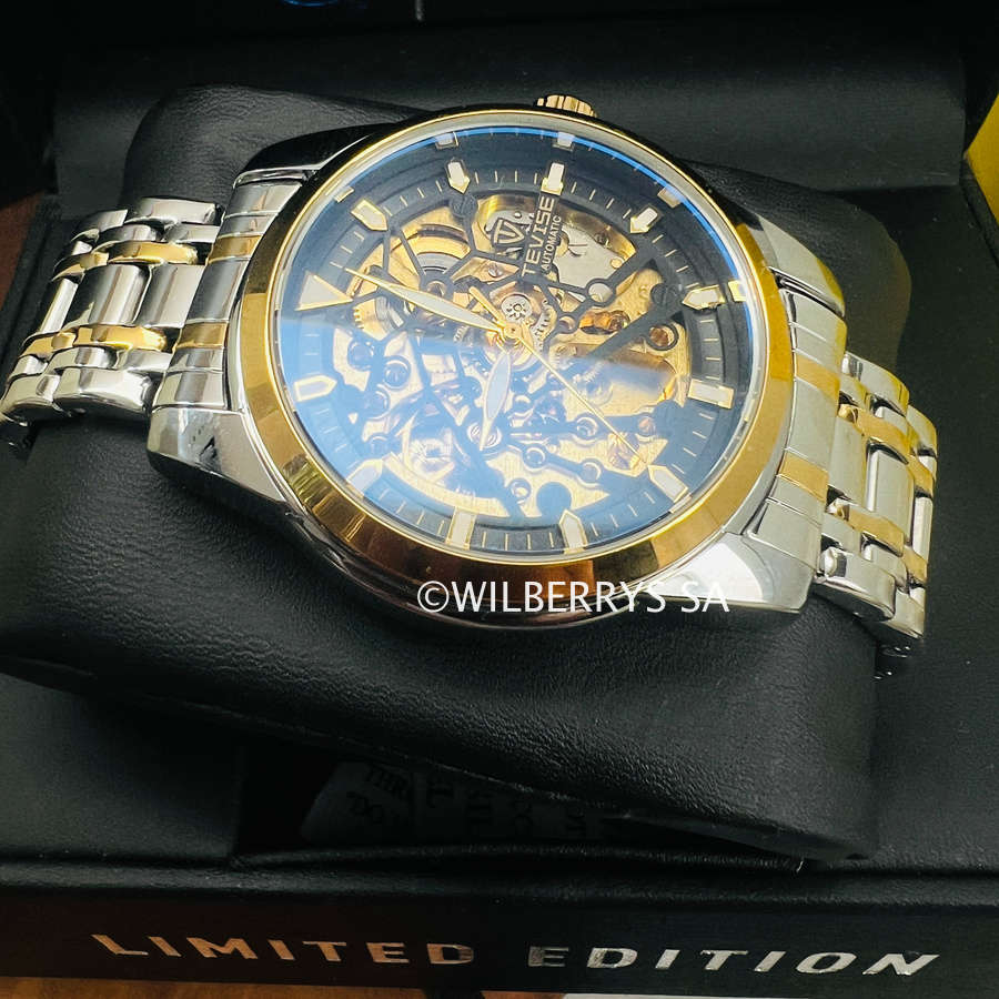 TEVISE ® Men`s Skeleton II Classic Steel Two Tone/Black Honey Watch NEW