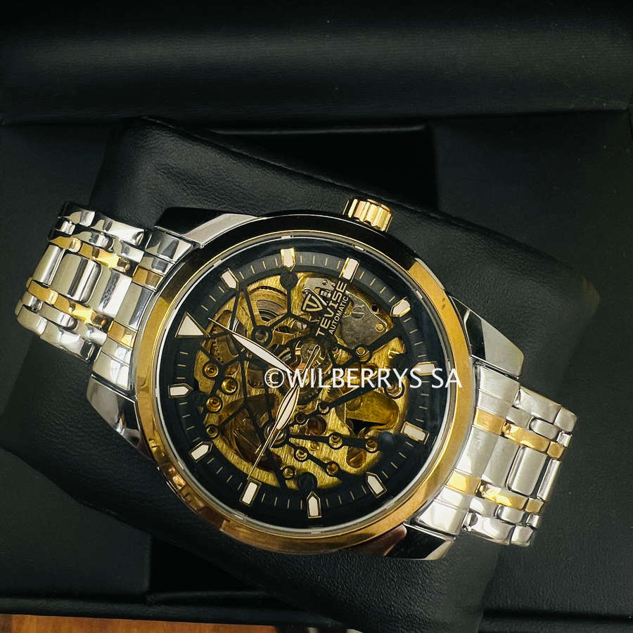 TEVISE ® Men`s Skeleton II Classic Steel Two Tone/Black Honey Watch NEW