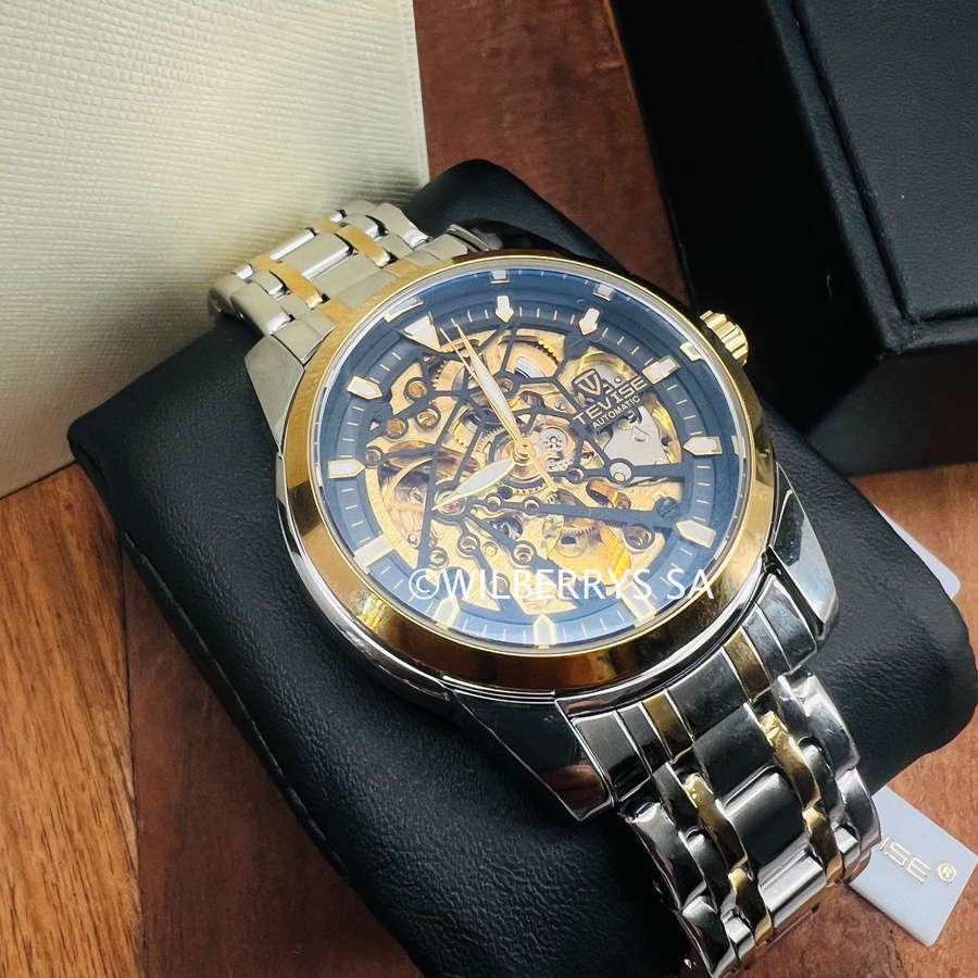 TEVISE ® Men`s Skeleton II Classic Steel Two Tone/Black Honey Watch NEW