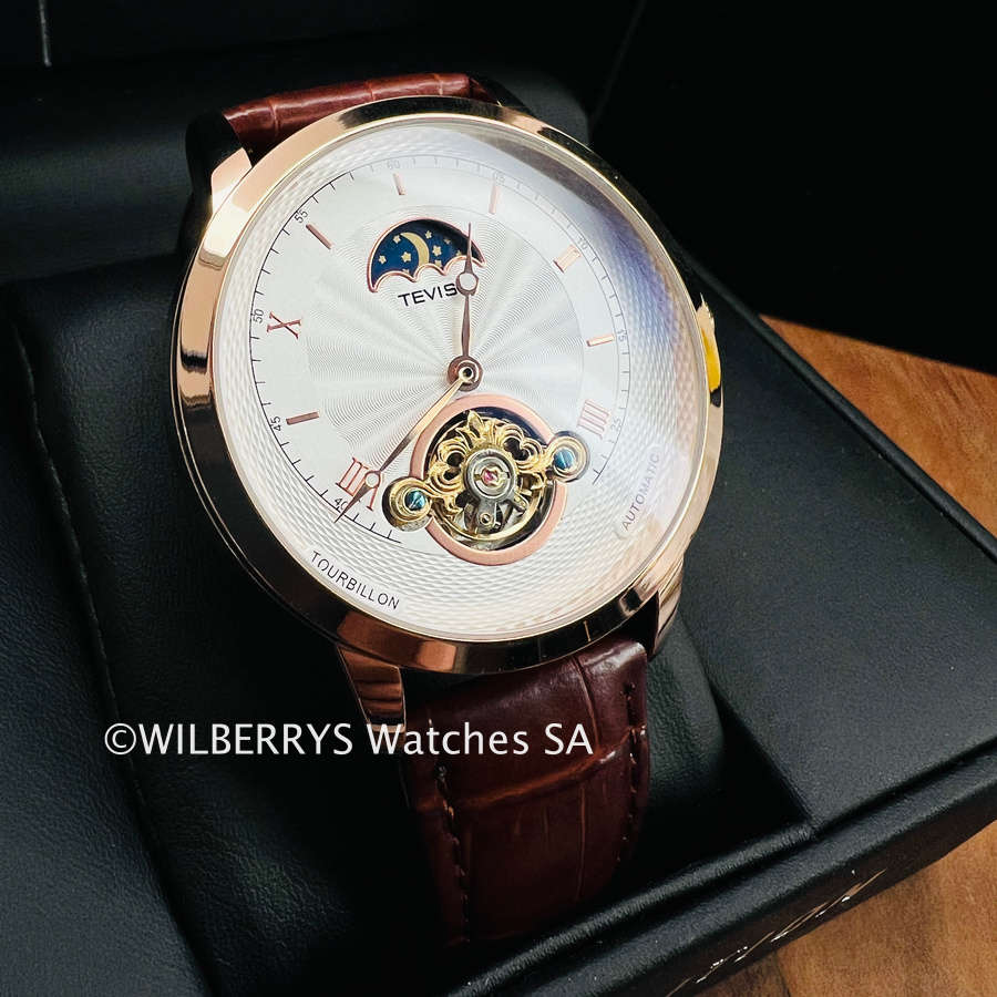 Retail: R2,899.00 TEVISE ® Men`s Namura Moonphase 45mm Tourbi Automatic Leather Watch BRAND NEW