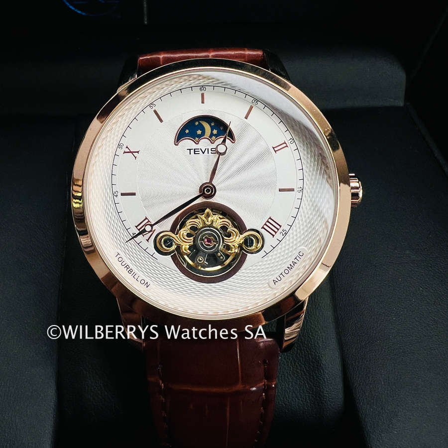 Retail: R2,899.00 TEVISE ® Men`s Namura Moonphase 45mm Tourbi Automatic Leather Watch BRAND NEW