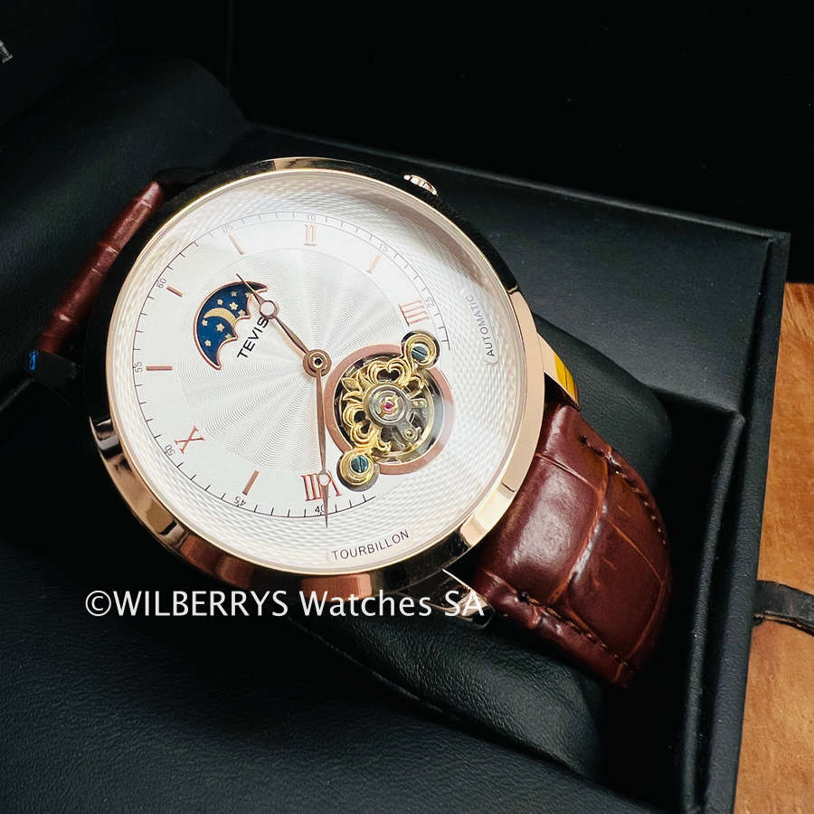 Retail: R2,899.00 TEVISE ® Men`s Namura Moonphase 45mm Tourbi Automatic Leather Watch BRAND NEW