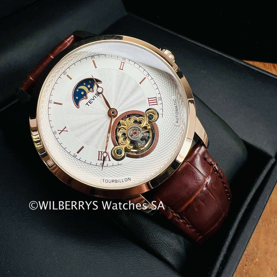Retail: R2,899.00 TEVISE ® Men`s Namura Moonphase 45mm Tourbi Automatic Leather Watch BRAND NEW