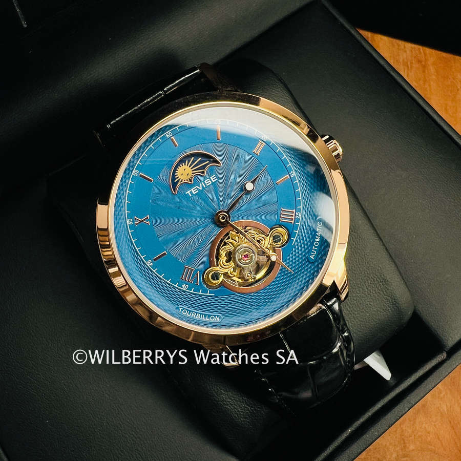 Retail: R2,899.00 TEVISE ® Men`s Namura Moonphase 45mm Tourbi Automatic Leather Watch BRAND NEW