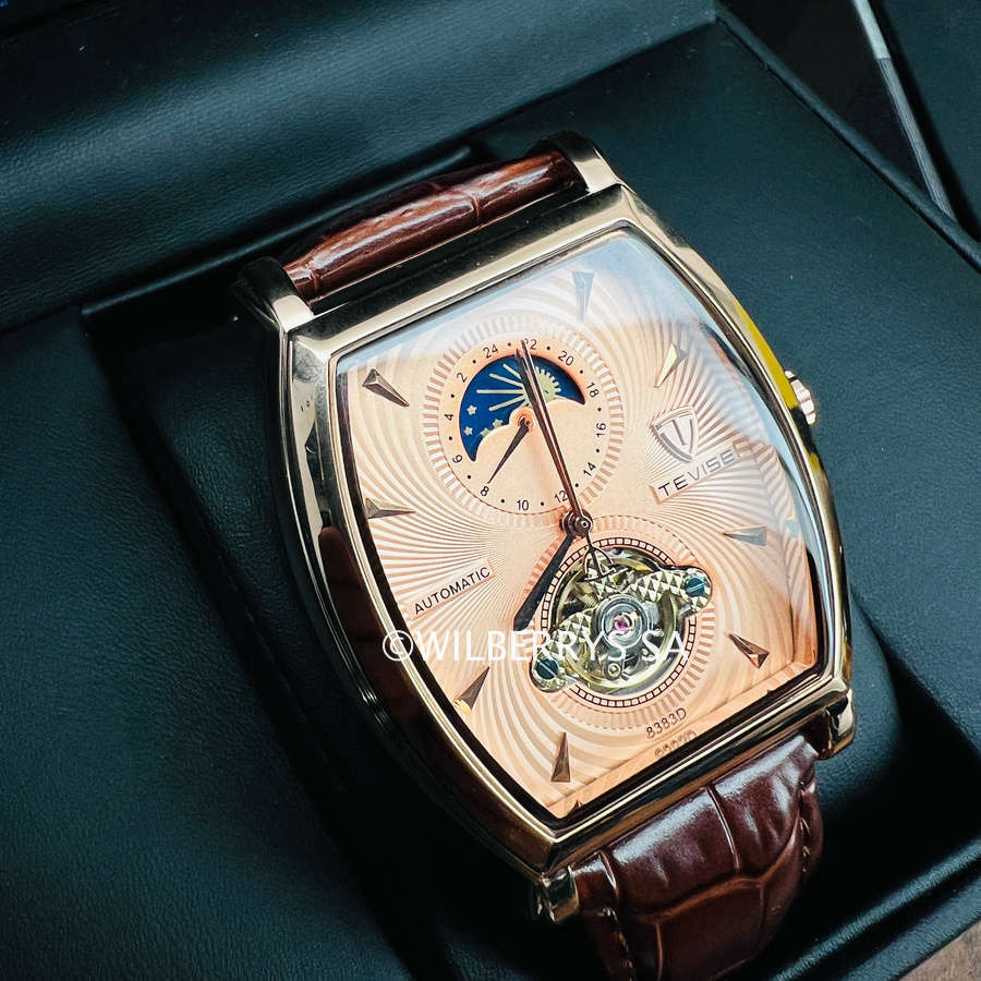 Retail: R2,899.00 TEVISE ® Men`s Tonneux Barista Moonphase Automatic  Leather Watch BRAND NEW