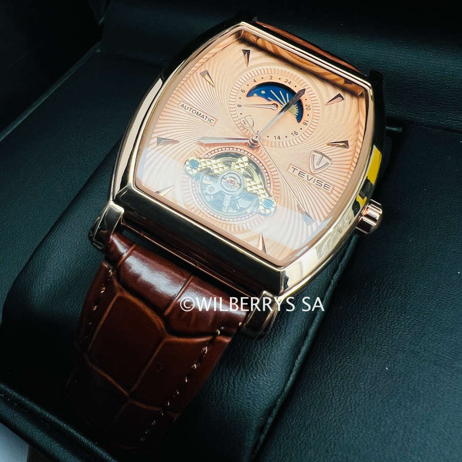 Retail: R2,899.00 TEVISE ® Men`s Tonneux Barista Moonphase Automatic  Leather Watch BRAND NEW