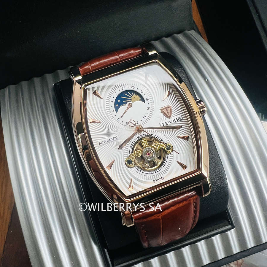 TEVISE ® Men`s Tonneux Barista Moonphase Automatic  Leather Watch