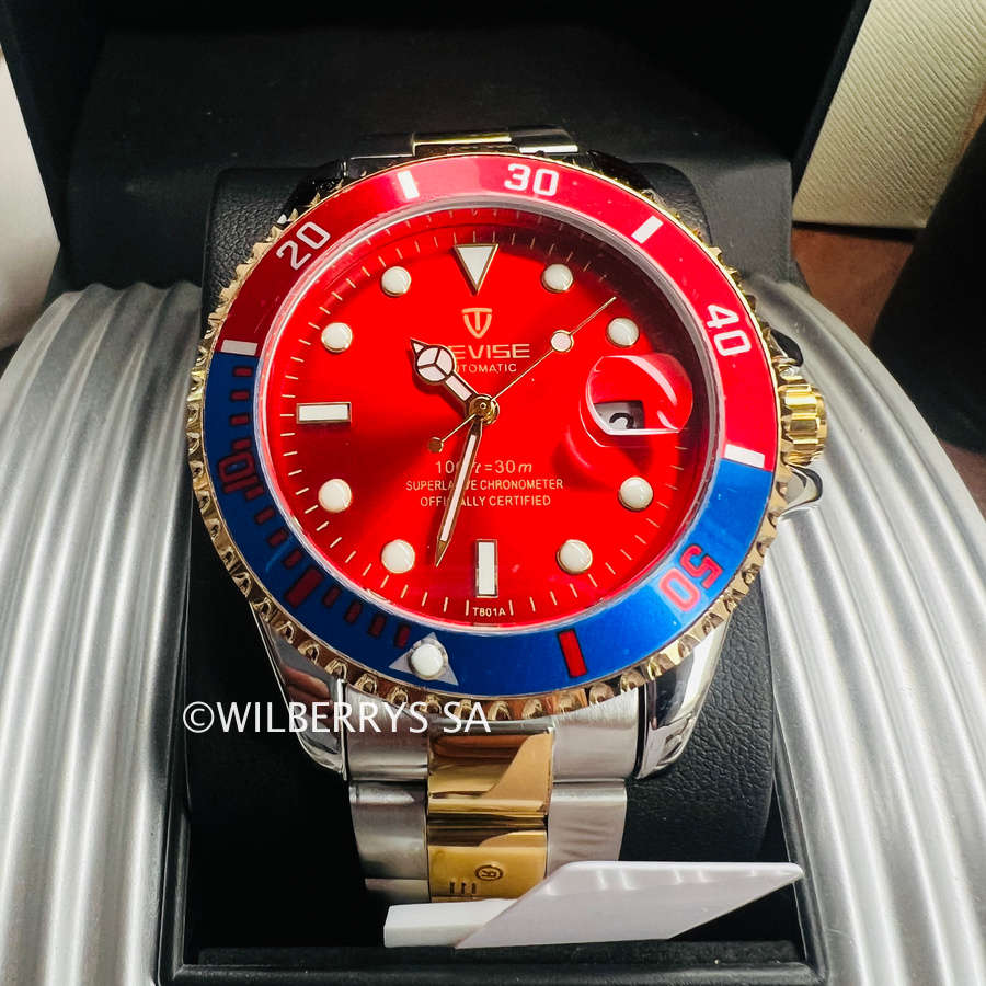 Retail: R2,499.00 TEVISE ® Men`s TRIBUTE AUTOMATIC CRIMSON RED Dial Watch BRAND NEW