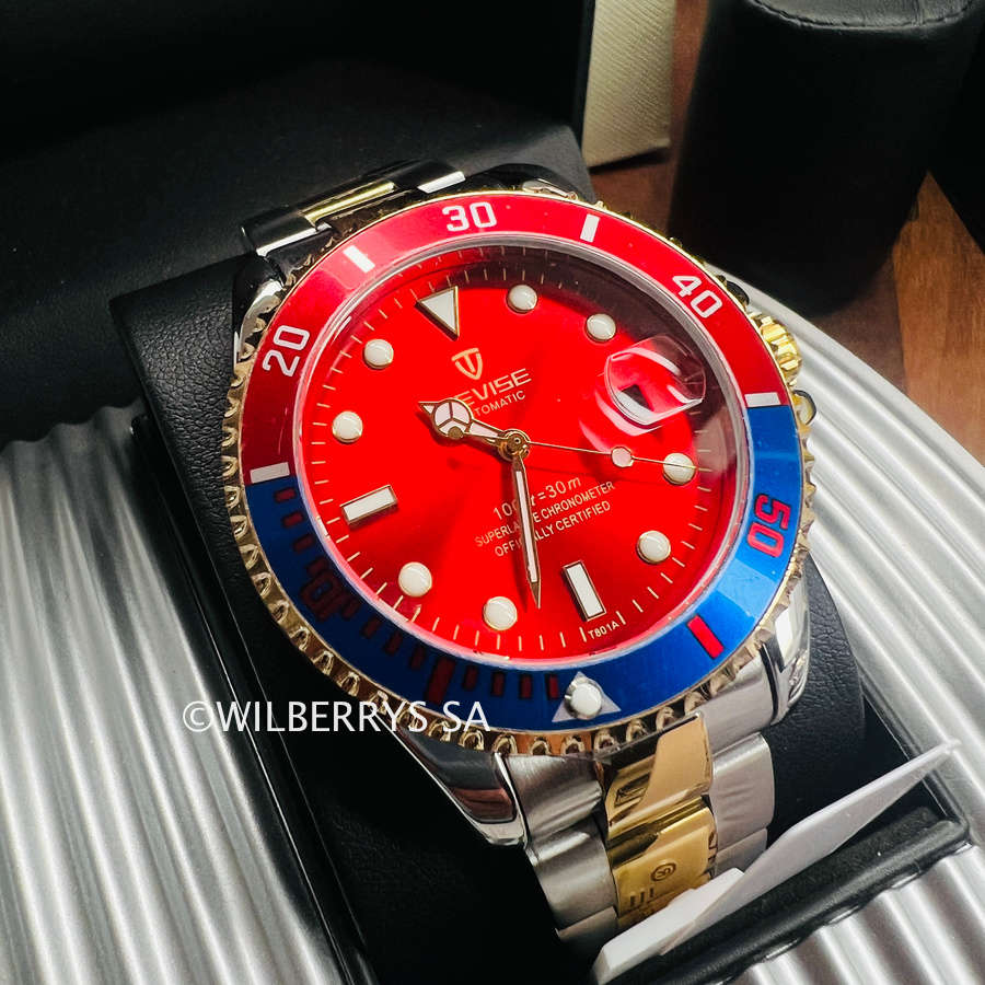 Retail: R2,499.00 TEVISE ® Men`s TRIBUTE AUTOMATIC CRIMSON RED Dial Watch BRAND NEW
