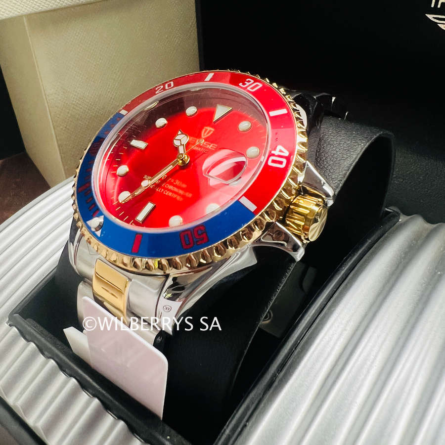 Retail: R2,499.00 TEVISE ® Men`s TRIBUTE AUTOMATIC CRIMSON RED Dial Watch BRAND NEW