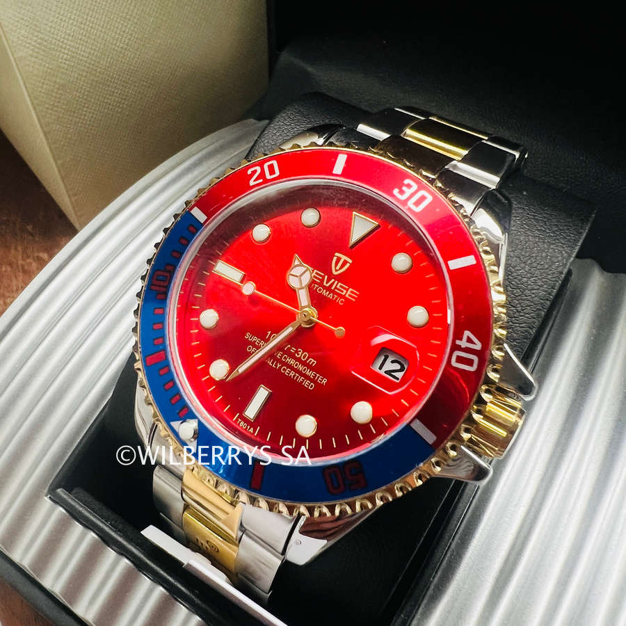 Retail: R2,499.00 TEVISE ® Men`s TRIBUTE AUTOMATIC CRIMSON RED Dial Watch BRAND NEW