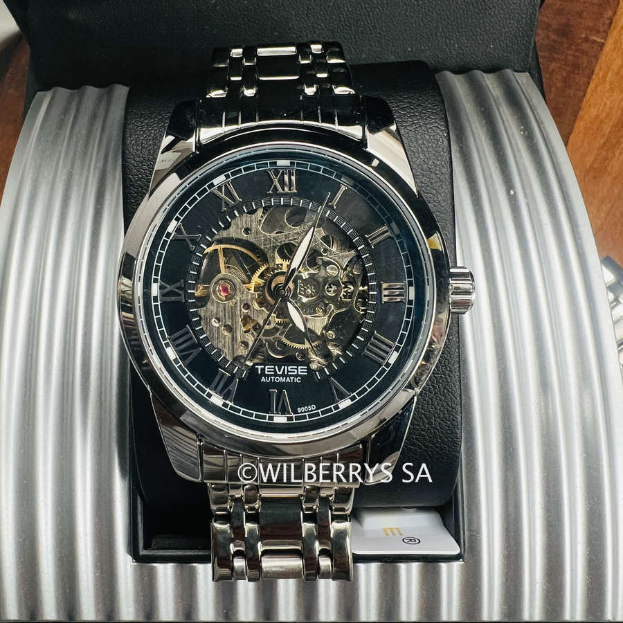 Retail: R1,999.00 TEVISE ® Men`s Skeleton Classic Steel Silver / Black Watch BRAND NEW