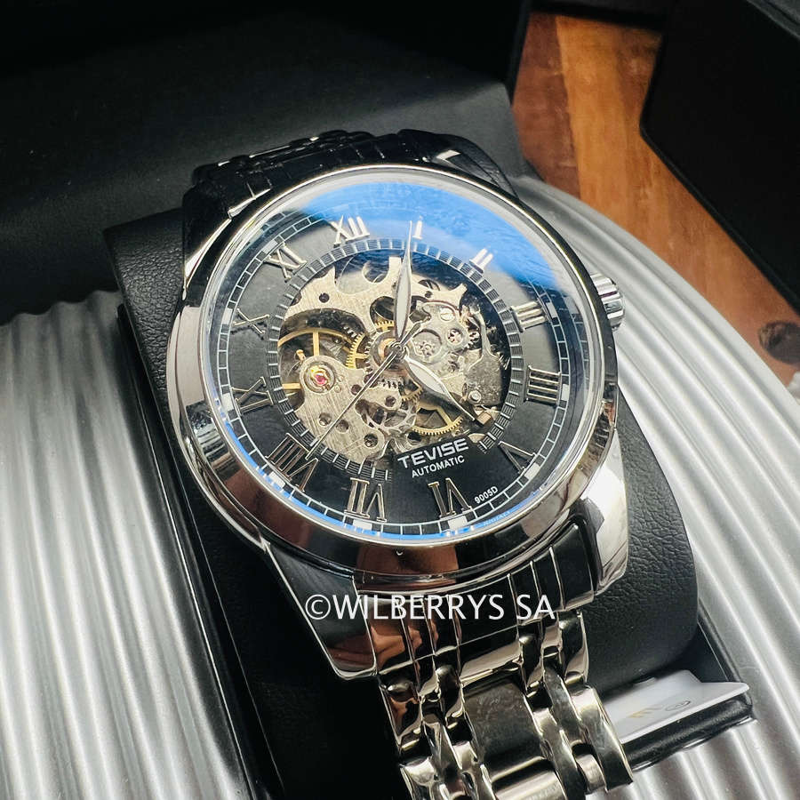 Retail: R1,999.00 TEVISE ® Men`s Skeleton Classic Steel Silver / Black Watch BRAND NEW