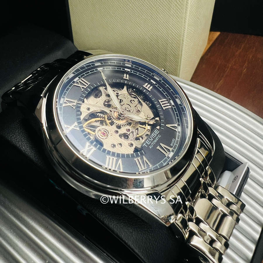 Retail: R1,999.00 TEVISE ® Men`s Skeleton Classic Steel Silver / Black Watch BRAND NEW