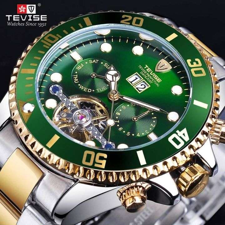 Retail: R2,599.00 TEVISE ® Men`s Perpetual FLYWHEEL Automatic Two Tone Green Watch BRAND NEW