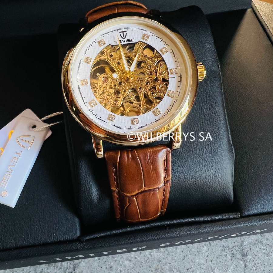 Retail: R2,399.00 TEVISE® Men`s Metropolis II Leather Gold/Black Automatic SKELETON Watch NEW