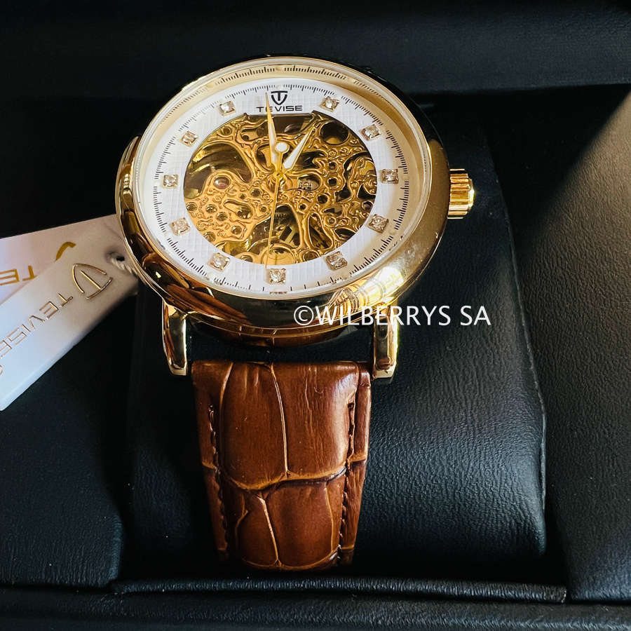 Retail: R2,399.00 TEVISE® Men`s Metropolis II Leather Gold/Black Automatic SKELETON Watch NEW