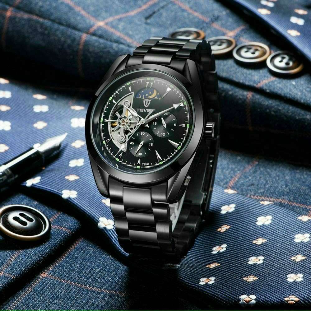 Retail: R2,399.00 TEVISE® Men`s Classic AUTOMATIC Partial Skeleton Ionic Black Edition Watch