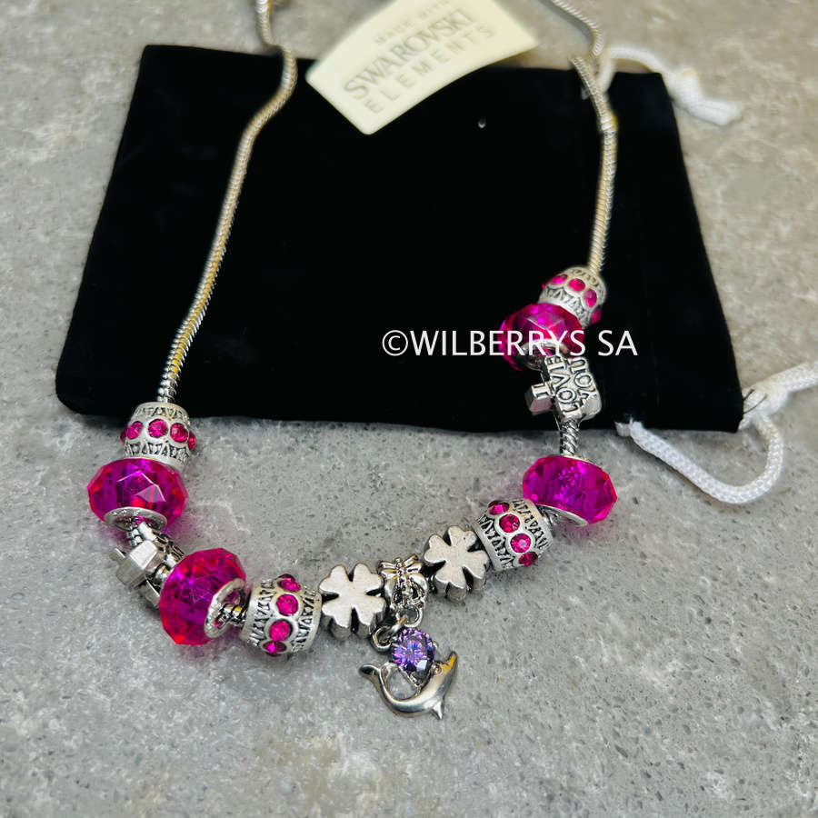 LOOK!! R2950.00 LONDON JEWELLERS Ava PINK Necklace + CHAIN + CHARMS + CRYSTALS FROM SWAROVSKI